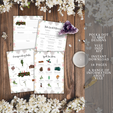 Load image into Gallery viewer, A photo realistic image of a Yule kit on a wooden background with white flowers. The kit is an instant download by Polka Dot Tulip Designs and has 18 pages of information about Yule. The pages are white with green and red illustrations and text. The pages include information about Yule traditions, recipes, and crafts. There is a candle and a crystal on the right side of the image.
