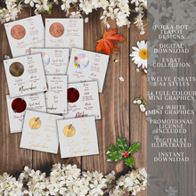 Load image into Gallery viewer, A photo realistic image of a collection of cards on a wooden background with white and orange flowers. The cards are white with a gold foil border and have different colored circles and months on them. The image has a text overlay that advertises the product as Polka Dot Esbat Designs Digital Download with twelve esbats, 3-4 styles, 24 full colors, and mini graphics included.
