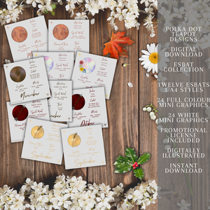 A photo realistic image of a collection of cards on a wooden background with white and orange flowers. The cards are white with a gold foil border and have different colored circles and months on them. The image has a text overlay that advertises the product as Polka Dot Esbat Designs Digital Download with twelve esbats, 3-4 styles, 24 full colors, and mini graphics included.