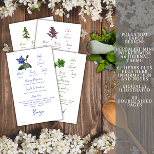 A set of herb themed cards by Polka Dot Teapot Designs. The cards are white with a different herb on each one in different colors and names. The cards come with a mini book that contains information about 81 herbs and their methods of use. The items are on a wooden background with white flowers and a wooden spoon.