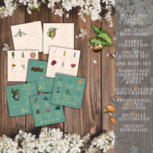 Load image into Gallery viewer, A flat lay image of a set of journal pages and cards on a wooden background with white flowers and almonds. The journal pages and cards are in green tones and have plant, flower, and bird illustrations on them. The image has a text overlay that promotes the product as Polka Dot Designs Sabbatical Colour Set Digital Download with journal info pages, promotional graphics, and license included.
