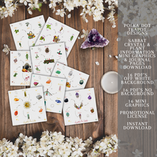 Load image into Gallery viewer, A collection of 16 mini graphics on a wooden background with white flowers, a candle, and a crystal. The graphics are square and have illustrations of birds, flowers, and crystals on them. The image has a text overlay that advertises the product as Polka Dot Crystal Designs Sabot Mini Graphics &amp; Journal Download with PDFs, graphics, and license included.
