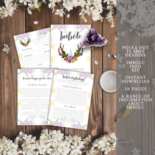 Load image into Gallery viewer, A photo realistic image of a collection of 6 cards or pages on a wooden background with white flowers. The cards are white with purple and green floral designs and black text. The text on the cards reads “Imbolc”, “Polka Dot Designs”, “Imbolc Kit”, “Instant Download”, 
