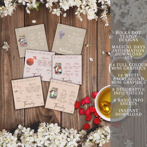 A photo realistic image of a set of information cards and a teapot on a wooden table. The cards are white with a light brown border and have different designs on them. The designs include a teapot, a bird, a flower, and a butterfly. The cards are arranged in a scattered manner on the table. The teapot is red and gold and is placed on the right side of the image. The background consists of white flowers scattered around the table.