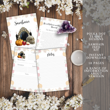 Load image into Gallery viewer, A digital image of a printable planner kit for Samhain on a wooden background with white flowers. The kit has 18 pages with information about Samhain and a white and purple floral border. The pages include a cover page with a pumpkin, a skull, and a black cat, a notes page with a purple crystal, and a menu planner page with a cauldron.
