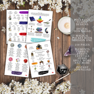 A photo realistic image of a digital mockup of a book with 210 pages. The book is titled “Polka Dot Teapot Designs” and is version one. The book is open and you can see some of the pages which are filled with colorful illustrations and text. The book is surrounded by white flowers and a lit candle. There is a black rose on the right side of the image. The background is a wooden surface.