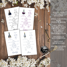 Load image into Gallery viewer, A set of spell casting notes and keys by Polka Dot Designs. The notes are white with black text and have a small image of a potion bottle at the top. The keys are gold in color and are lying on top of the notes. The notes and keys contain information about different types of spells and how to cast them. The items are on a dark wooden background with white flowers. The image is a promotional material for Polka Dot Designs and includes a logo in the bottom right corner.
