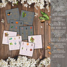 Load image into Gallery viewer, A flat lay image of a set of journal pages and cards on a wooden background with white flowers and almonds. The journal pages and cards are in green tones and have plant, flower, and bird illustrations on them. The image has a text overlay that promotes the product as Polka Dot Designs Sabbatical Colour Set Digital Download with journal info pages, promotional graphics, and license included.
