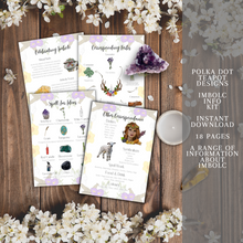 Load image into Gallery viewer, A photo realistic image of a collection of 6 cards or pages on a wooden background with white flowers. The cards are white with purple and green floral designs and black text. The text on the cards reads “Imbolc”, “Polka Dot Designs”, “Imbolc Kit”, “Instant Download”, 
