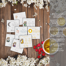 Load image into Gallery viewer, A photo realistic image of a set of information cards and a teapot on a wooden table. The cards are white with a light brown border and have different designs on them. The designs include a teapot, a bird, a flower, and a butterfly. The cards are arranged in a scattered manner on the table. The teapot is red and gold and is placed on the right side of the image. The background consists of white flowers scattered around the table.
