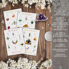 Load image into Gallery viewer, A collection of 16 mini graphics on a wooden background with white flowers, a candle, and a crystal. The graphics are square and have illustrations of birds, flowers, and crystals on them. The image has a text overlay that advertises the product as Polka Dot Crystal Designs Sabot Mini Graphics &amp; Journal Download with PDFs, graphics, and license included.
