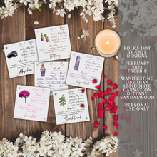 Load image into Gallery viewer, A collection of cards with illustrations of different herbs and crystals that have various meanings and properties. The cards are white with black text and colorful illustrations. The cards are placed on a wooden background with white flowers and a lit candle. The image also has text that says the product is from Polka Dot Designs Teapot Charms &amp; Tools and is for personal use only.
