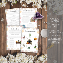 Load image into Gallery viewer, A digital image of a printable planner kit for Samhain on a wooden background with white flowers. The kit has 18 pages with information about Samhain and a white and purple floral border. The pages include a cover page with a pumpkin, a skull, and a black cat, a notes page with a purple crystal, and a menu planner page with a cauldron.
