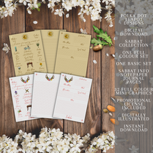 Load image into Gallery viewer, A flat lay image of a set of journal pages and cards on a wooden background with white flowers and almonds. The journal pages and cards are in green tones and have plant, flower, and bird illustrations on them. The image has a text overlay that promotes the product as Polka Dot Designs Sabbatical Colour Set Digital Download with journal info pages, promotional graphics, and license included.
