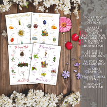 Load image into Gallery viewer, A collection of 16 mini graphics on a wooden background with white flowers, a candle, and a crystal. The graphics are square and have illustrations of birds, flowers, and crystals on them. The image has a text overlay that advertises the product as Polka Dot Crystal Designs Sabot Mini Graphics &amp; Journal Download with PDFs, graphics, and license included.
