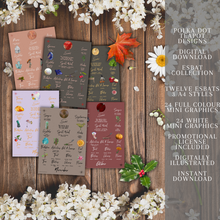 Load image into Gallery viewer, A photo realistic image of a collection of cards on a wooden background with white and orange flowers. The cards are white with a gold foil border and have different colored circles and months on them. The image has a text overlay that advertises the product as Polka Dot Esbat Designs Digital Download with twelve esbats, 3-4 styles, 24 full colors, and mini graphics included.
