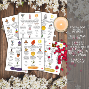 A collection of cards with illustrations of different herbs and crystals that have various meanings and properties. The cards are white with black text and colorful illustrations. The cards are placed on a wooden background with white flowers and a lit candle. The image also has text that says the product is from Polka Dot Designs Teapot Charms & Tools and is for personal use only.