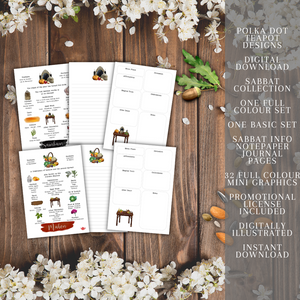 A flat lay image of a set of journal pages and cards on a wooden background with white flowers and almonds. The journal pages and cards are in green tones and have plant, flower, and bird illustrations on them. The image has a text overlay that promotes the product as Polka Dot Designs Sabbatical Colour Set Digital Download with journal info pages, promotional graphics, and license included.