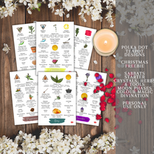 Load image into Gallery viewer, A collection of cards with illustrations of different herbs and crystals that have various meanings and properties. The cards are white with black text and colorful illustrations. The cards are placed on a wooden background with white flowers and a lit candle. The image also has text that says the product is from Polka Dot Designs Teapot Charms &amp; Tools and is for personal use only.
