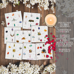 A collection of cards with illustrations of different herbs and crystals that have various meanings and properties. The cards are white with black text and colorful illustrations. The cards are placed on a wooden background with white flowers and a lit candle. The image also has text that says the product is from Polka Dot Designs Teapot Charms & Tools and is for personal use only.