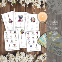 Load image into Gallery viewer, A collection of cards with colorful illustrations of teapots, flowers, and birds. The cards are white with black text and are on a wooden background with white flowers and a candle. The image also has text that advertises a freebie from Polka Dot Teapot Designs.
