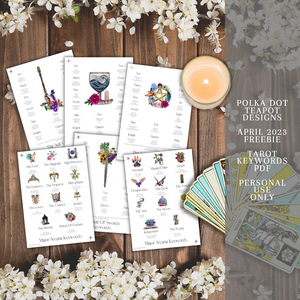 A collection of cards with colorful illustrations of teapots, flowers, and birds. The cards are white with black text and are on a wooden background with white flowers and a candle. The image also has text that advertises a freebie from Polka Dot Teapot Designs.